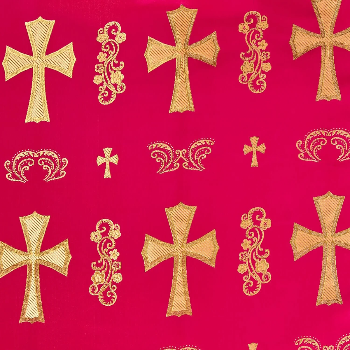Church Clerical Cross Brocade—Composition: 41% Nylon, 36% Polyester, 23%— Red and Gold Color— 58 Inches Wide—Available  by the Yard—Nationwide Shipping