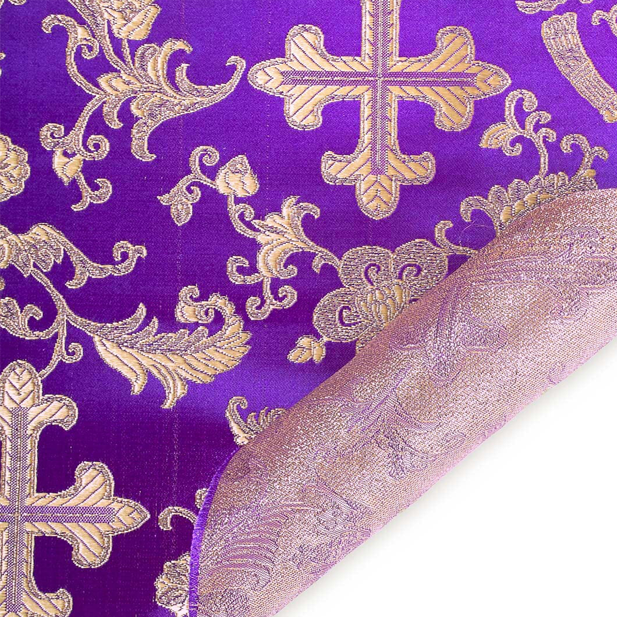Purple Gold Church Cross Brocade – Premium Polyester – By the Yard