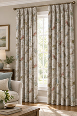 Pattern of birds and stamps on a textured fabric background