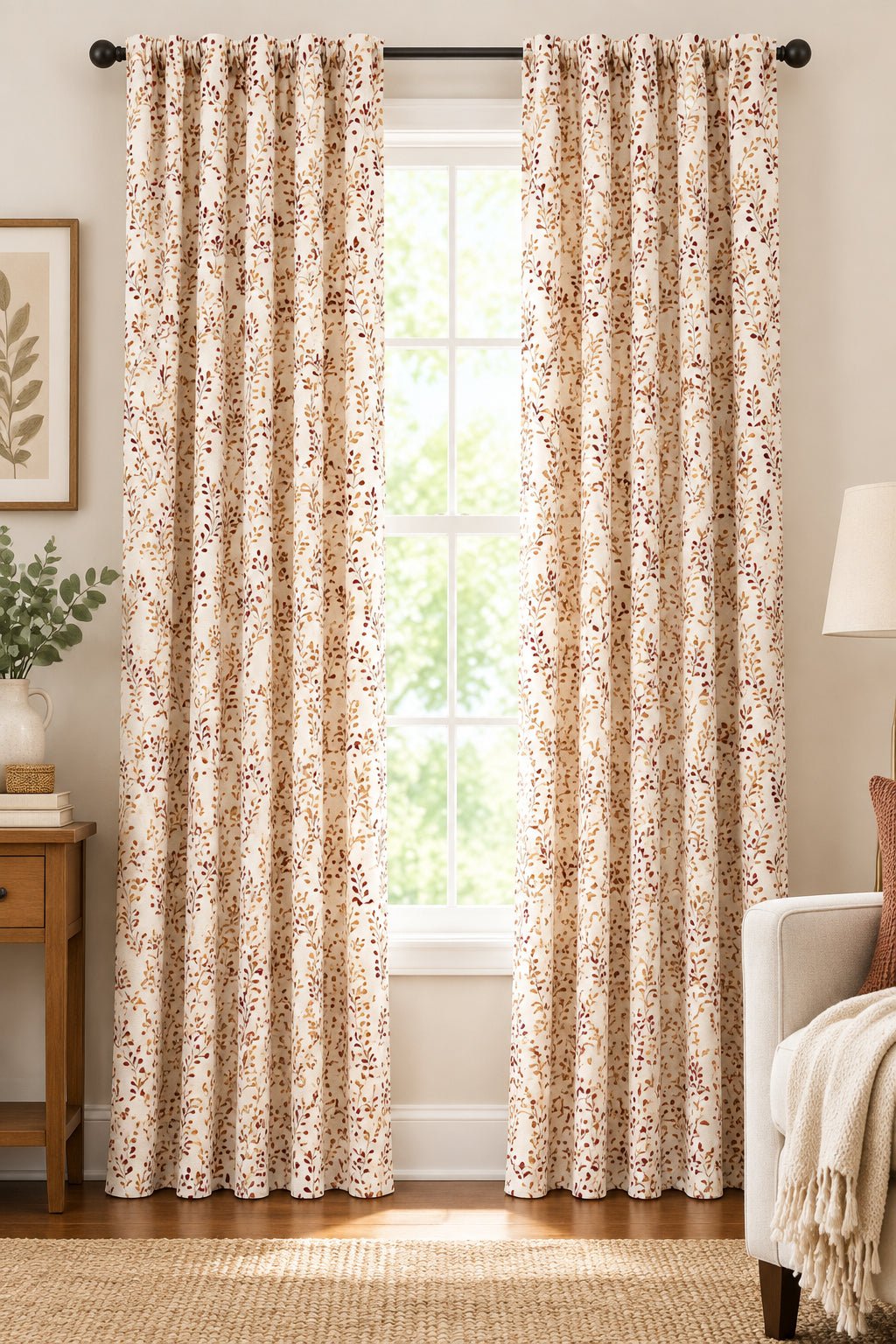 A pair of floor-length curtain panels with a beige and brown floral pattern, hanging on a black rod with matching grommets in front of a tall window.
