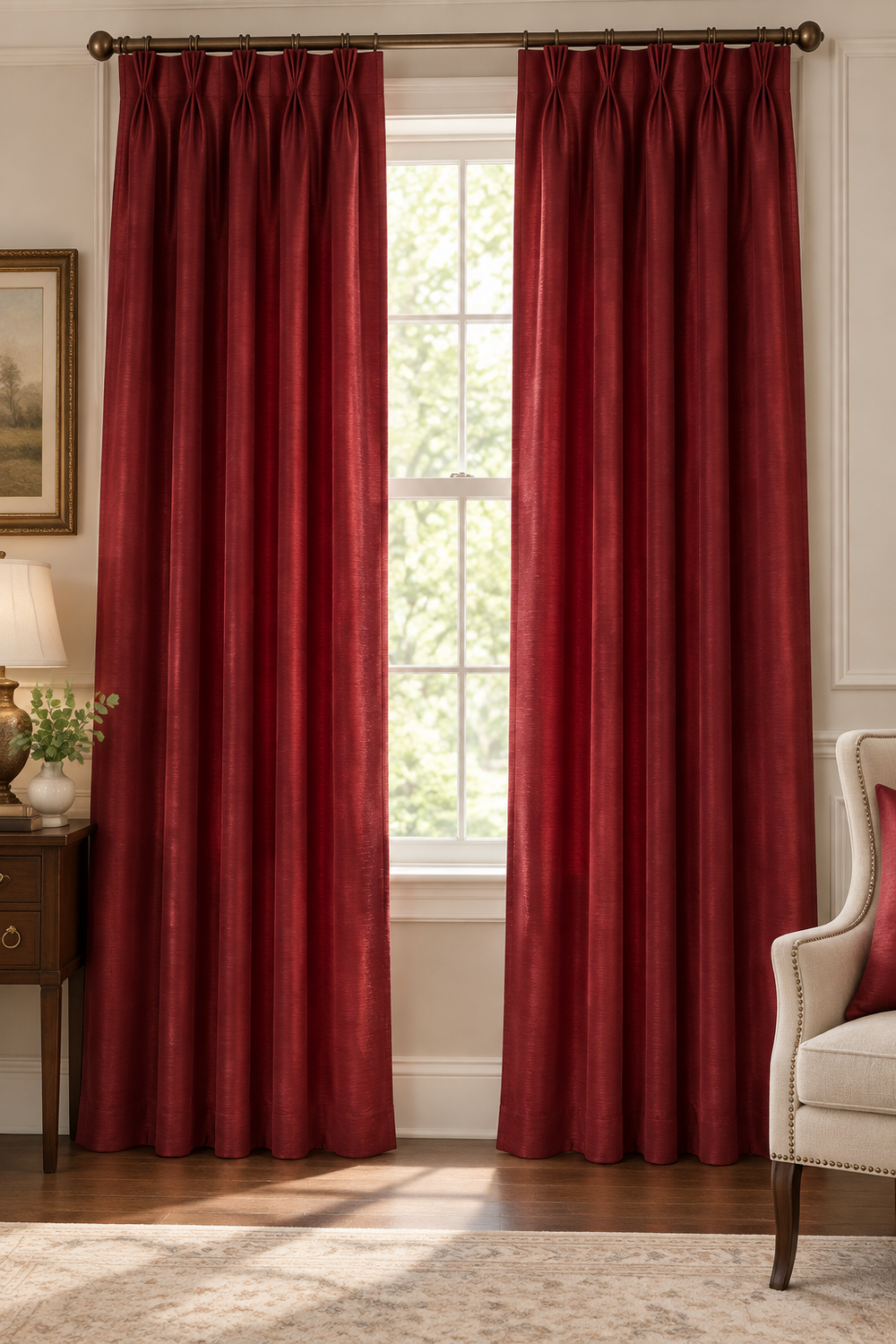 Garnet Red Shantung Pinch Pleat Curtain Panel