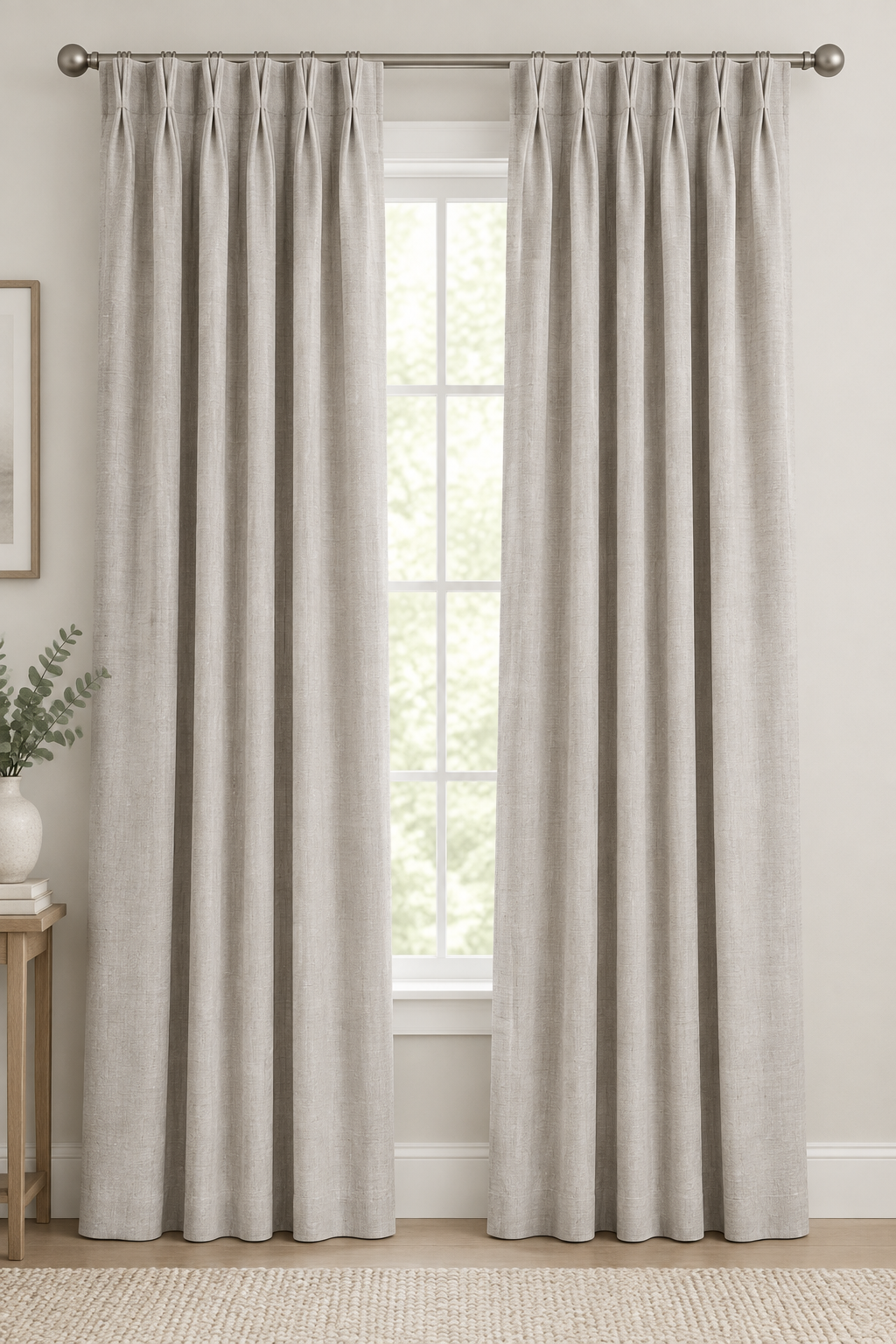 Grey pinch pleat curtain panel with 5-inch header