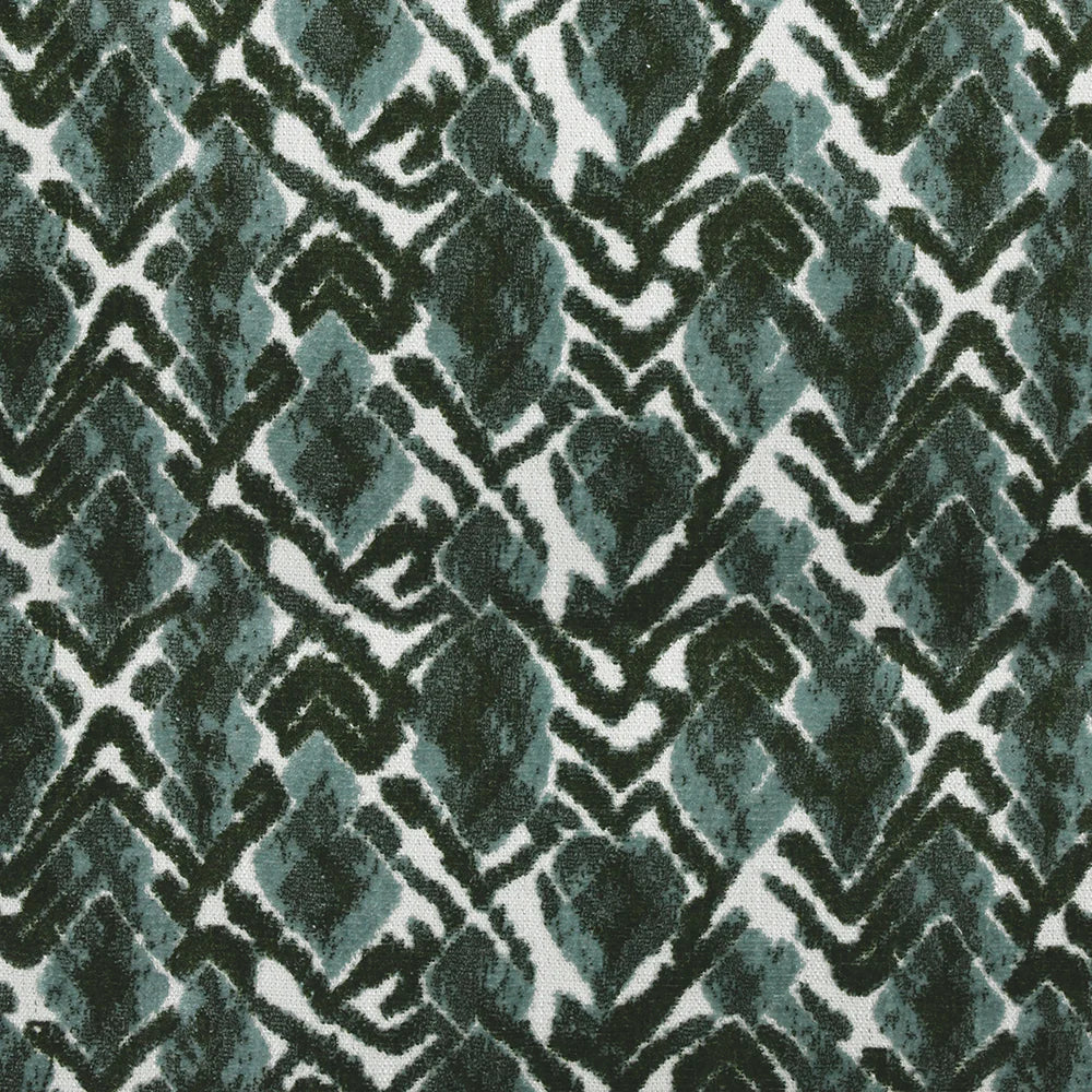 Patterned fabric with geometric design in shades of green and black.