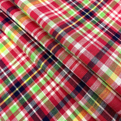 Madras Cotton Fabric—Multi-Color Red| Green| White Tones—Crisp Texture—(58/59 Inch) Wide—Sold by the Yard