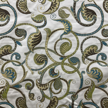 FOLIAGE SCROLLWORK BLUE GREEN & WHITE DRAPERY FABRIC