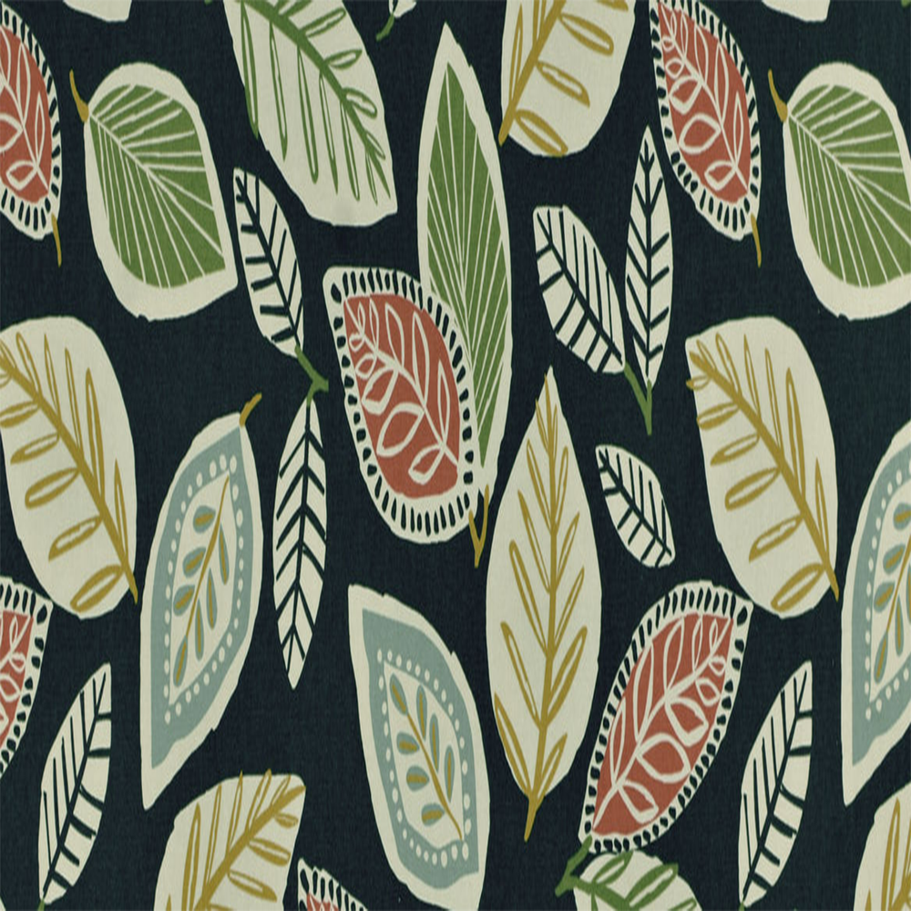 A fabric featuring a leaf and vine pattern with various colors on a black background.