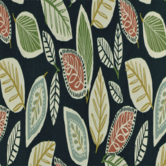 A fabric featuring a leaf and vine pattern with various colors on a black background.