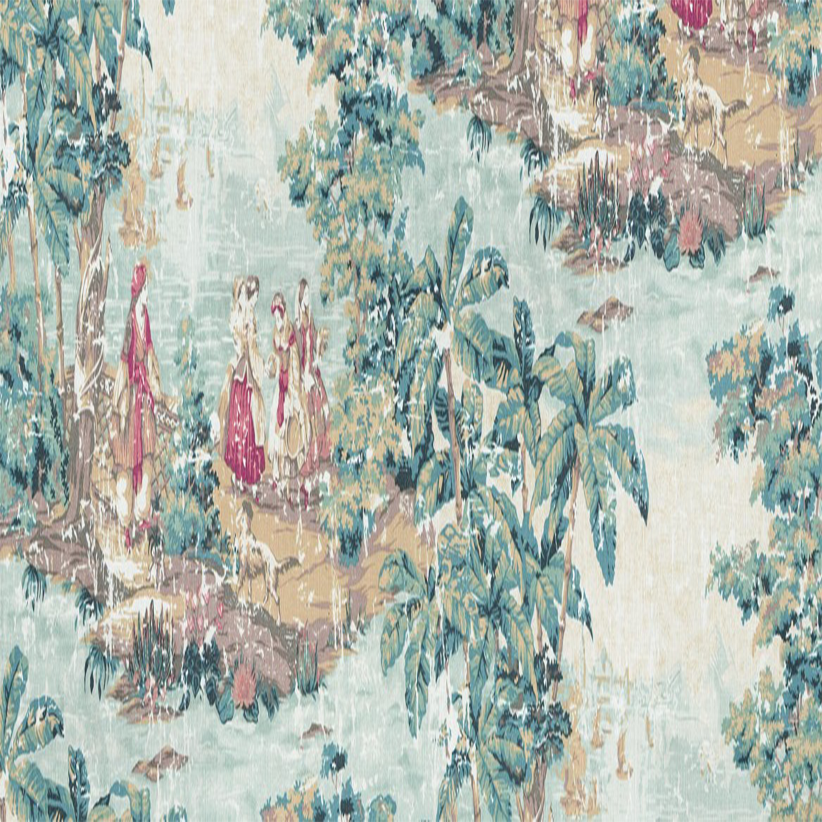 A piece of fabric featuring a classic toile pattern with English green hues and multicolored floral elements, displaying a timeless and rustic design.