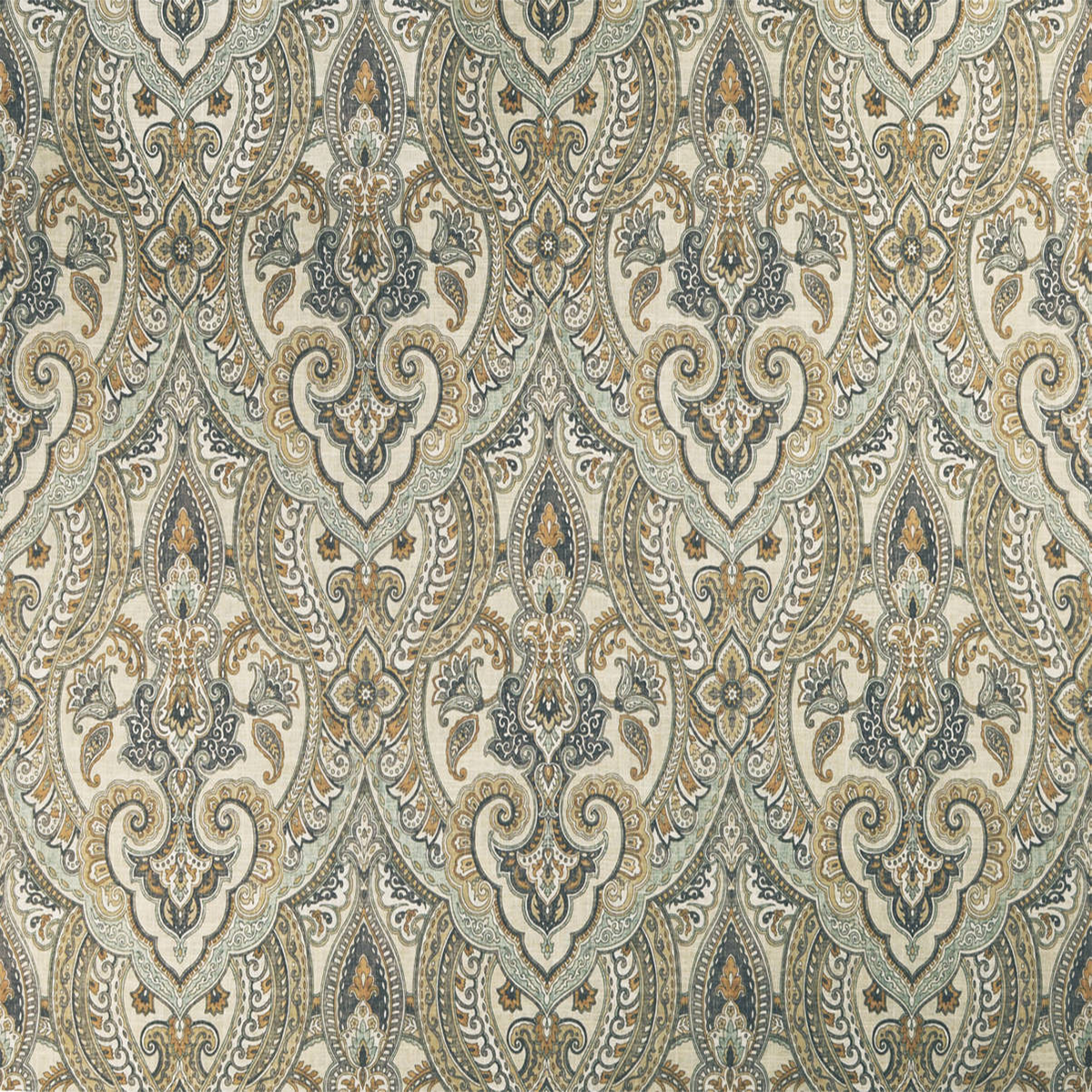 Tinsley-Cotton Blend—Window Curtain—Paisley Fabric—Color Congnac/ Grey/Gold/Cream—Sold by The Yard—54" Inches Wide