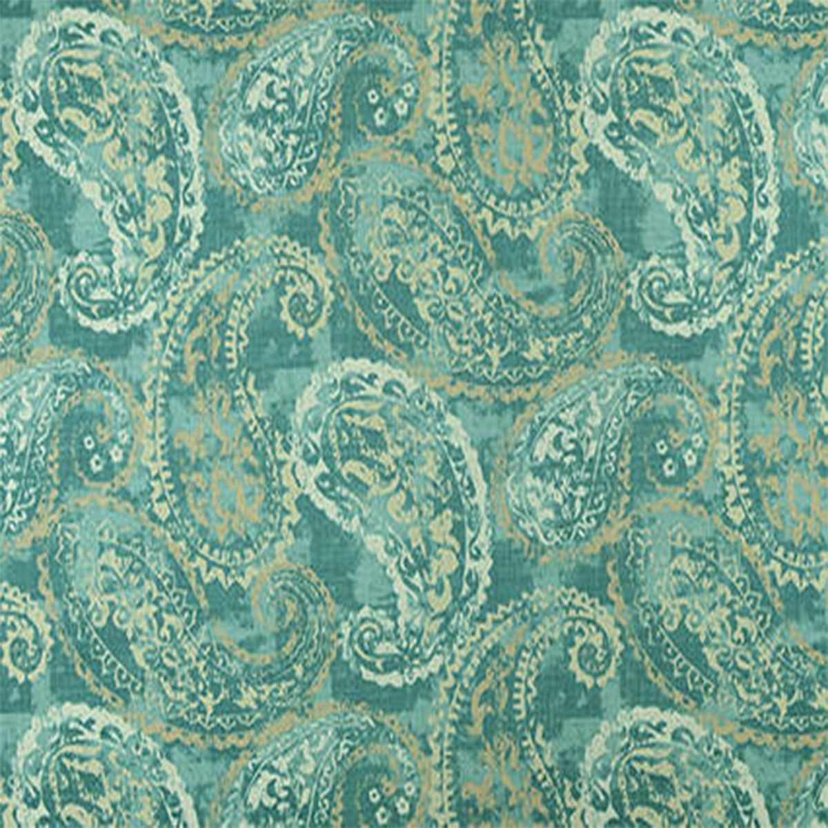 Close-up view of a paisley pattern fabric with blue and green colors| Beautiful Windows Elgin