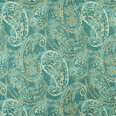Close-up view of a paisley pattern fabric with blue and green colors| Beautiful Windows Elgin