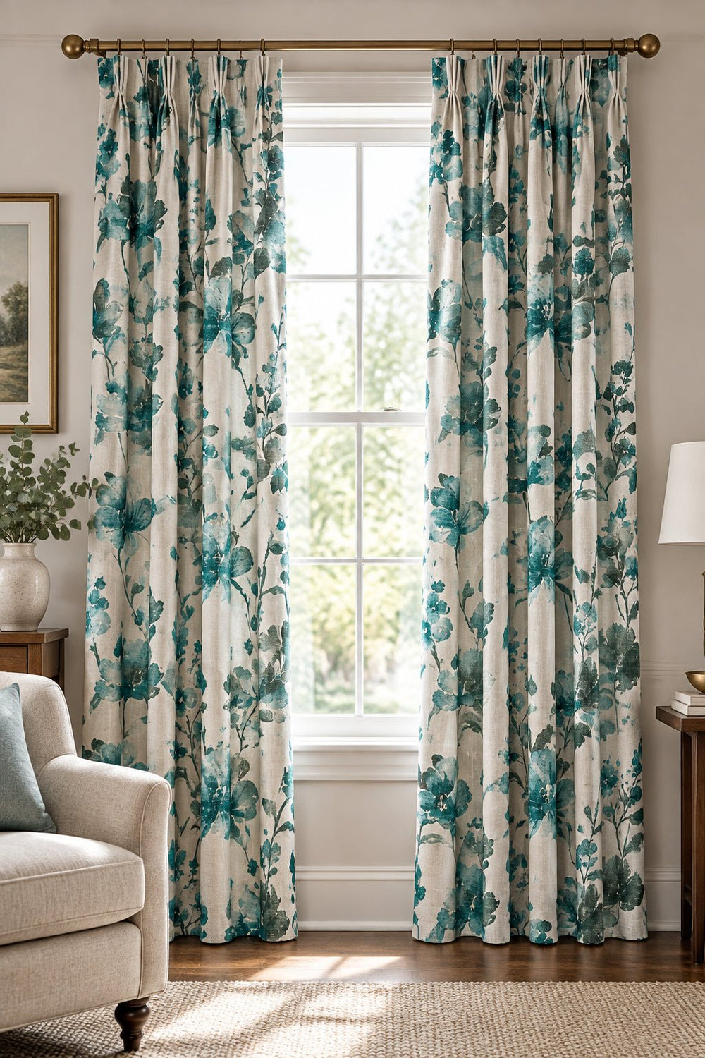 A close-up of a fabric or wallpaper pattern featuring watercolor-style teal and dark green floral motifs on a light off-white textured background.