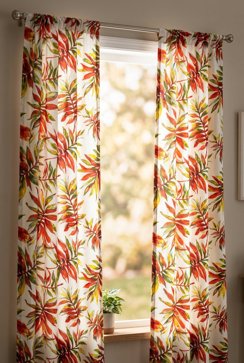 Tropical leaf pattern with red, green, and yellow leaves on a white background