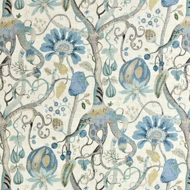 Curtain Floral Fabric—Antique Blue |White |Tan—58"Inches Wide—100% Cotton—Lightweight High-Quality—Sold by The Yard