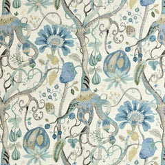Curtain Floral Fabric—Antique Blue |White |Tan—58"Inches Wide—100% Cotton—Lightweight High-Quality—Sold by The Yard
