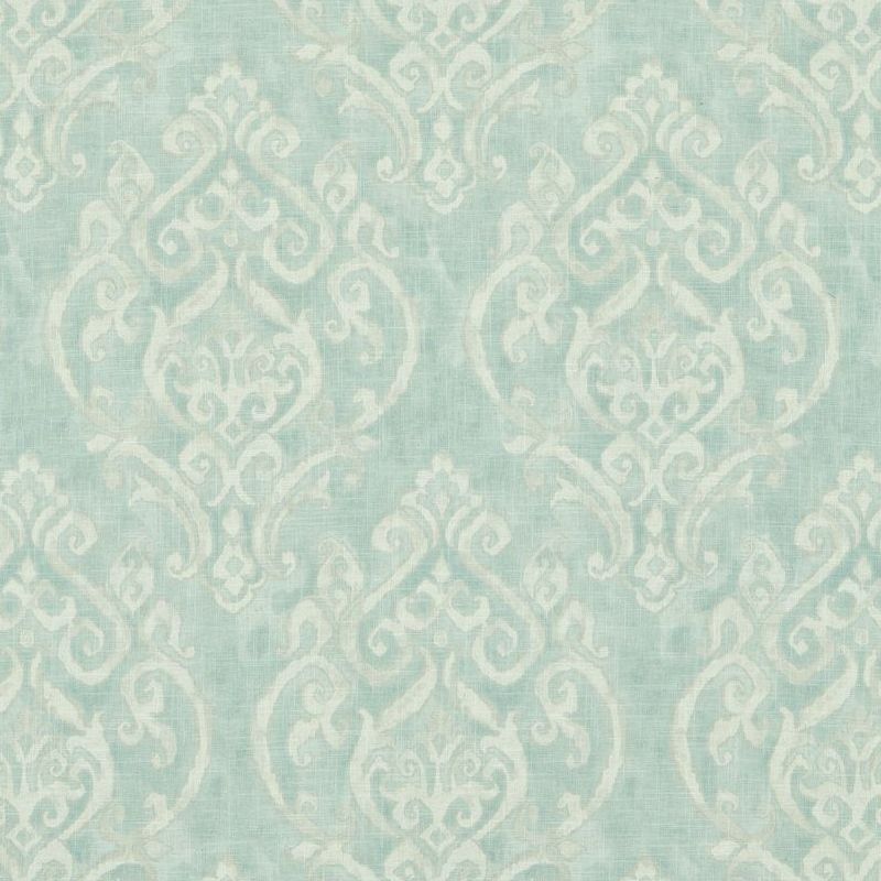 A close-up image of the Colette Russ Blue-Green Medallion Curtain Fabric displaying the intricate medallion pattern in blue and green tones.