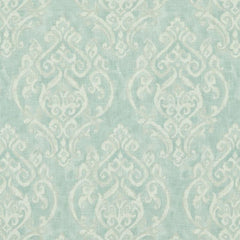 A close-up image of the Colette Russ Blue-Green Medallion Curtain Fabric displaying the intricate medallion pattern in blue and green tones.