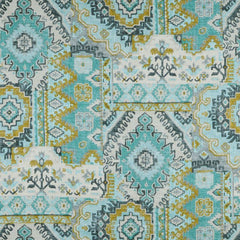 A fabric with an intricate geometric and floral plaid pattern in blue, green, and beige colors| Beautiful Windows Elgin
