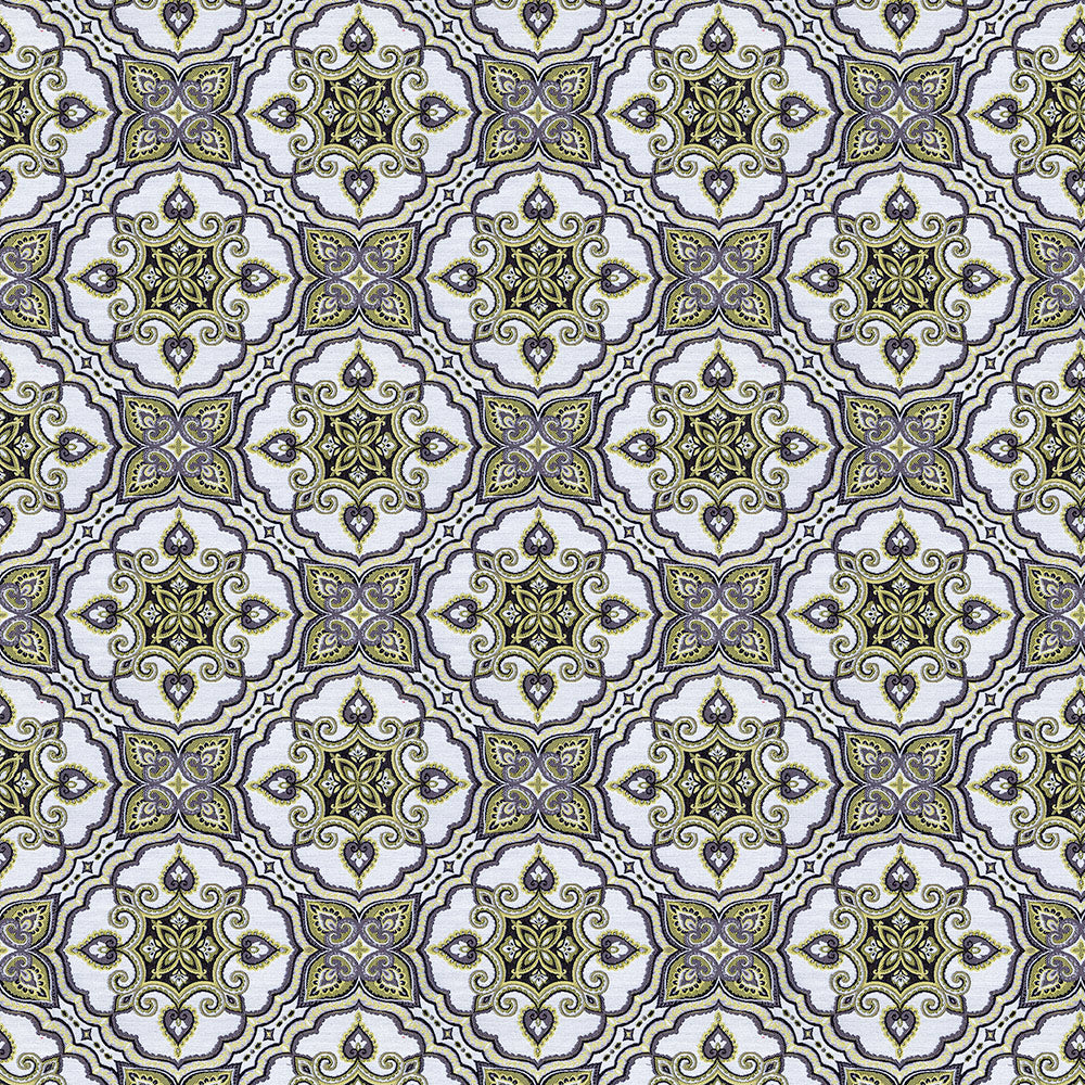 Custom Window Curtain Fabric—Medallion Pattern—Grey/Citrine Green—100% Polyester—Sold by The Yard—54" Inches Wide