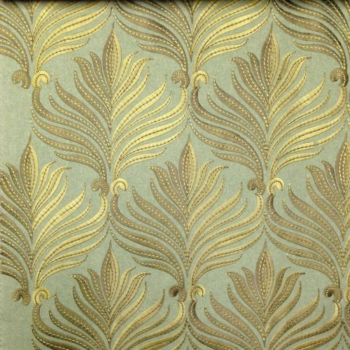 Murphy embroidery fabric feature gold, set against a green background